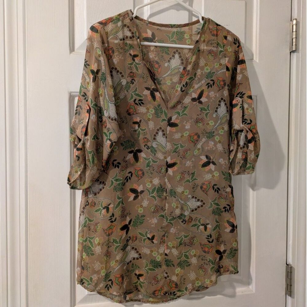 Vintage Earth Tone Paisley V-Neck Blouse - Roll-Tab Sleeves - Small